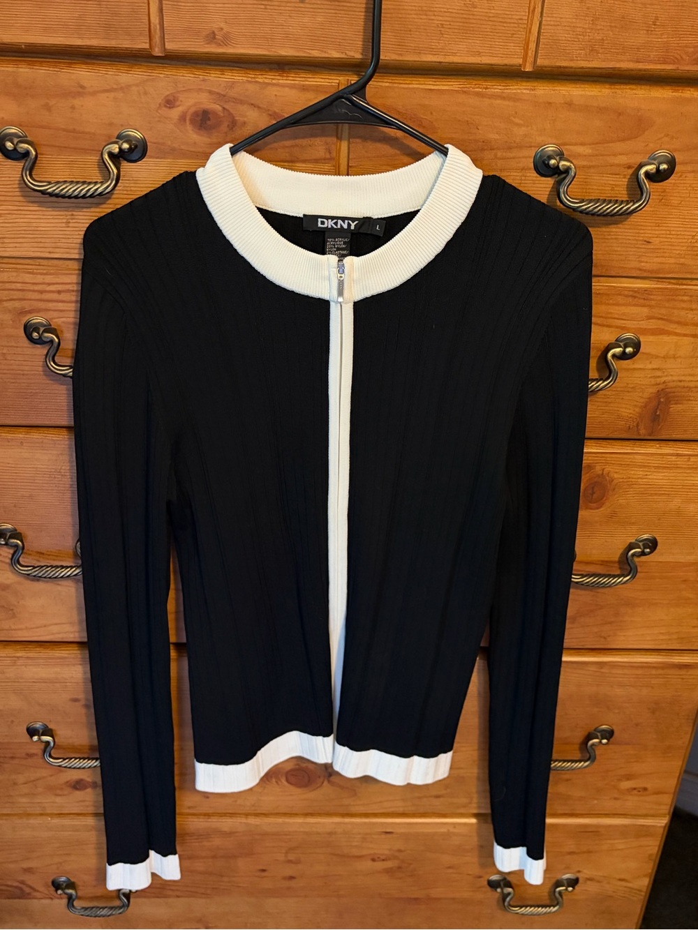 DKNY Black and White Ribbed Zip-Front Cardigan